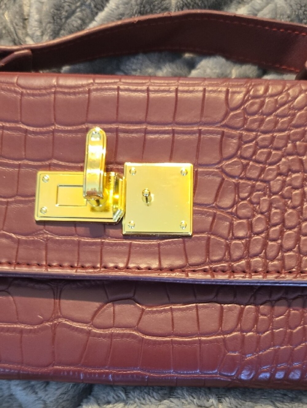Croc-Embossed Barrel Wristlet Clutch in Deep Burgundy with Gold Hardware - Picture 3 of 7
